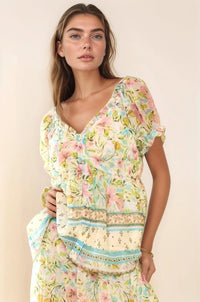 Spring Floral Border Print Ruffled Textured Top-Women's Tops-Reef Love