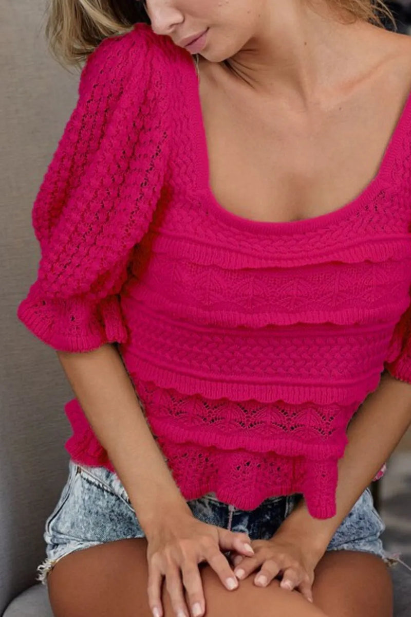 Square Neckline with Puff Sleeve Crochet Top-Reef Love