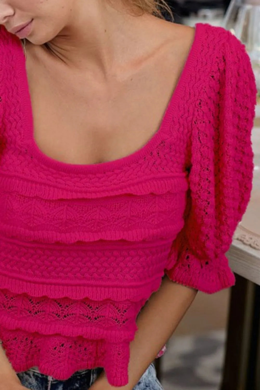 Square Neckline with Puff Sleeve Crochet Top-Reef Love