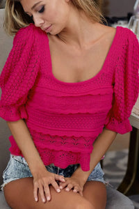 Square Neckline with Puff Sleeve Crochet Top-Reef Love