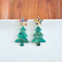 Star Christmas Tree Earrings - Green Shimmer