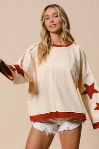 Star Patch French Terry Sweatshirt-Star Patch French Terry Sweatshirt, Effortlessly casual with a playful twist, this oversized French terry sweatshirt features red star patches on soft cream base.-Reef Love