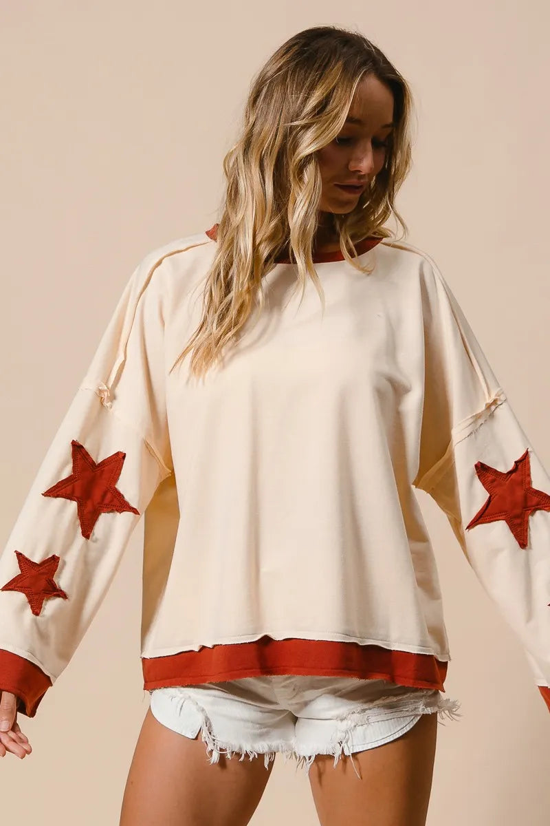 Star Patch French Terry Sweatshirt-Star Patch French Terry Sweatshirt, Effortlessly casual with a playful twist, this oversized French terry sweatshirt features red star patches on soft cream base.-Reef Love