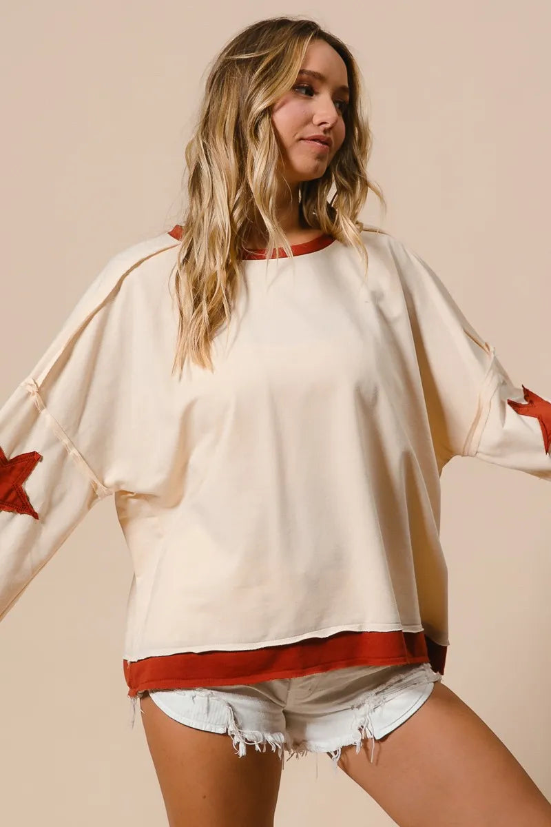 Star Patch French Terry Sweatshirt-Star Patch French Terry Sweatshirt, Effortlessly casual with a playful twist, this oversized French terry sweatshirt features red star patches on soft cream base.-Reef Love