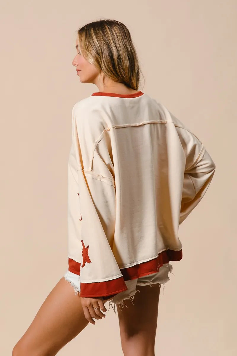 Star Patch French Terry Sweatshirt-Star Patch French Terry Sweatshirt, Effortlessly casual with a playful twist, this oversized French terry sweatshirt features red star patches on soft cream base.-Reef Love