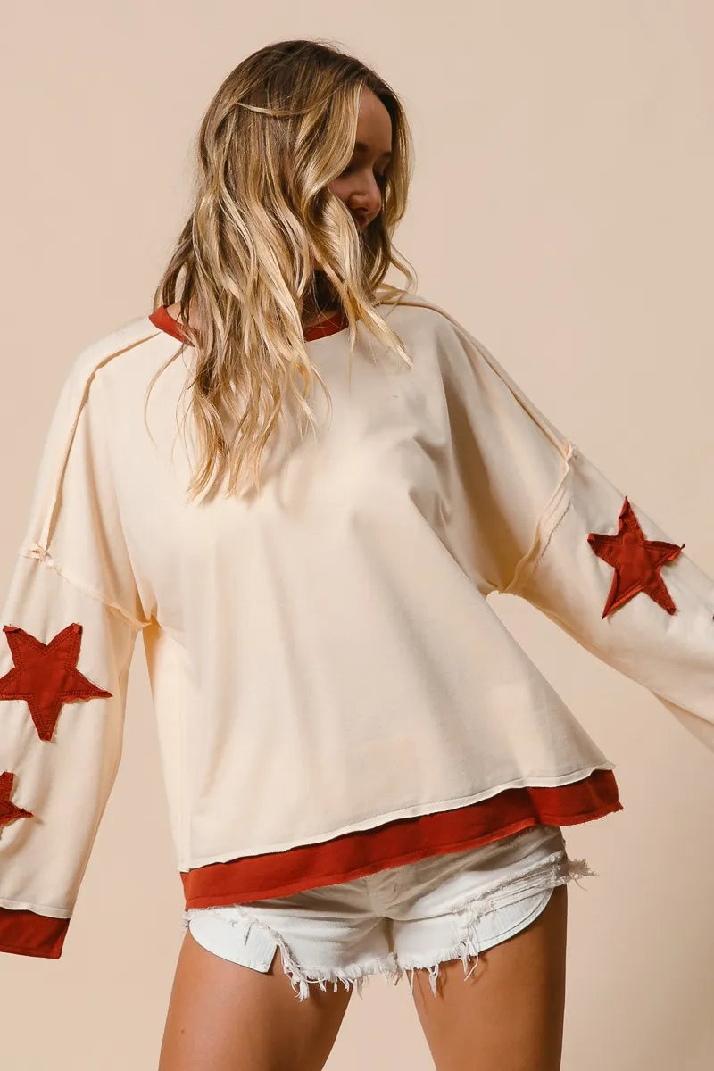 Star Patch French Terry Sweatshirt-Star Patch French Terry Sweatshirt, Effortlessly casual with a playful twist, this oversized French terry sweatshirt features red star patches on soft cream base.-Reef Love