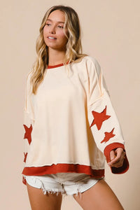 Star Patch French Terry Sweatshirt-Star Patch French Terry Sweatshirt, Effortlessly casual with a playful twist, this oversized French terry sweatshirt features red star patches on soft cream base.-Reef Love