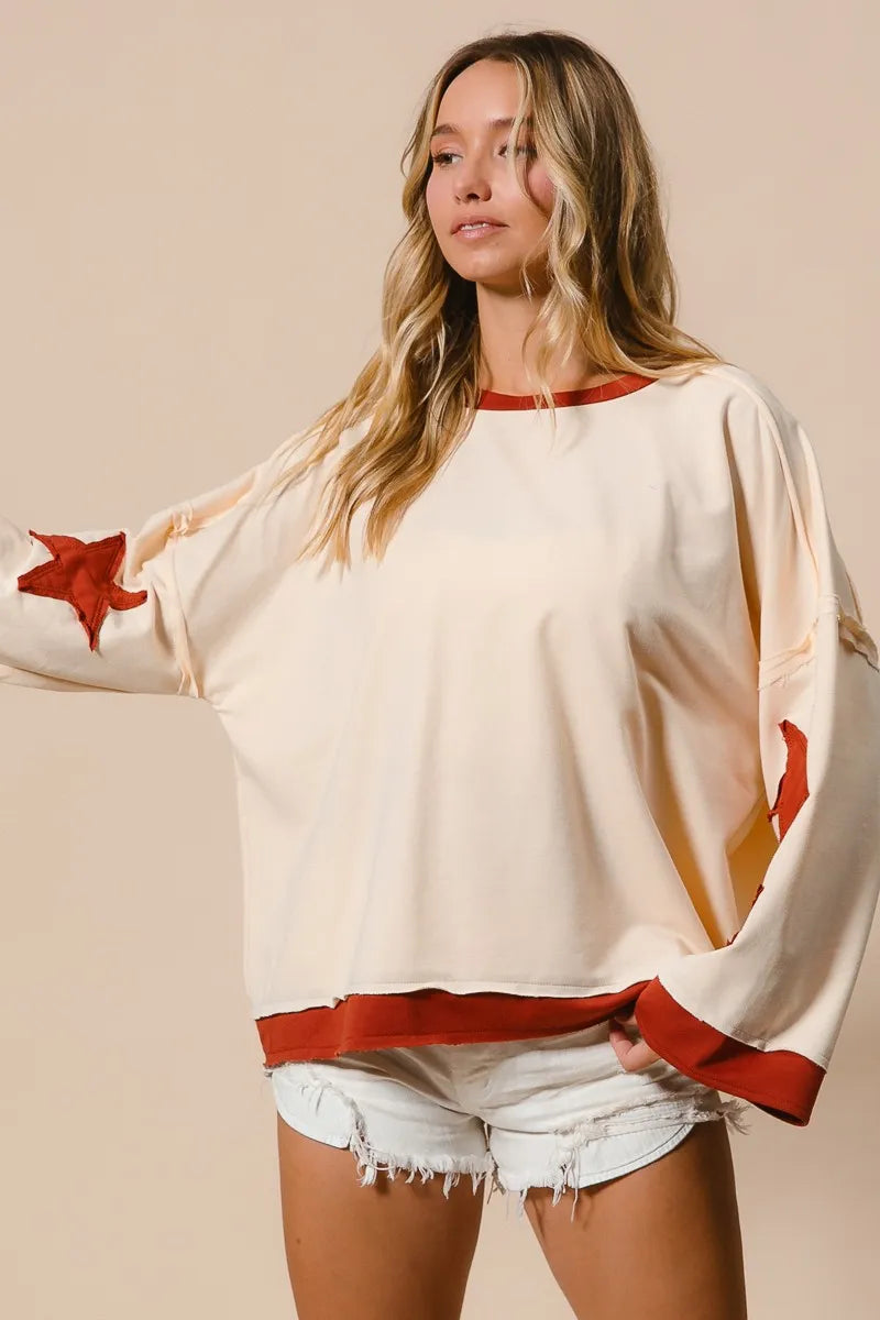 Star Patch French Terry Sweatshirt-Star Patch French Terry Sweatshirt, Effortlessly casual with a playful twist, this oversized French terry sweatshirt features red star patches on soft cream base.-Reef Love