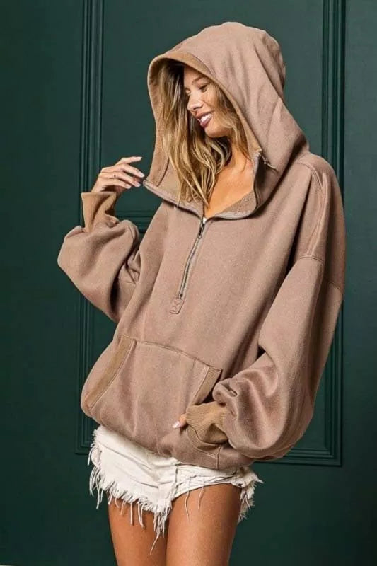 Stitch Detailed Elastic Hem Half Zip Fleece Hoodie