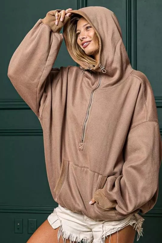 Stitch Detailed Elastic Hem Half Zip Fleece Hoodie