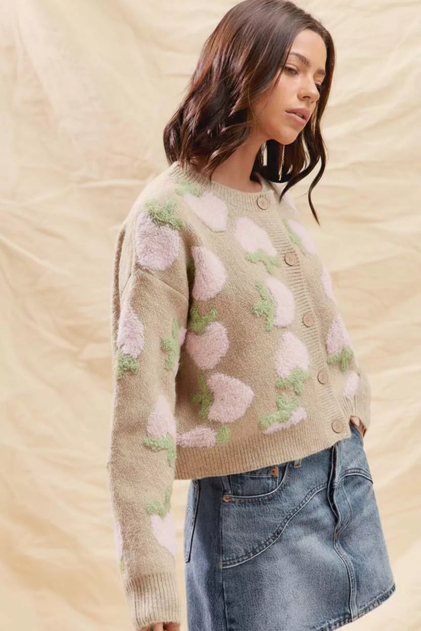 Strawberry Fruit All Over Button Sweater Cardigan, Oatmeal