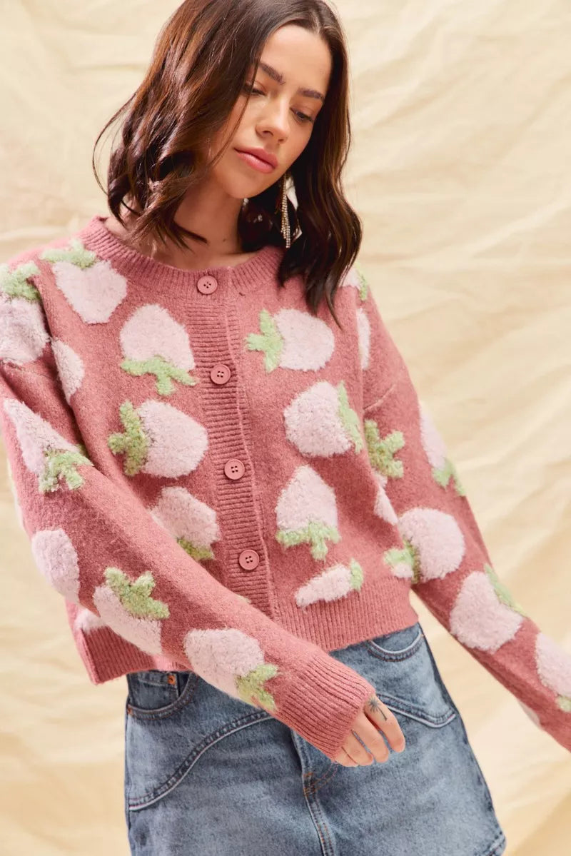Strawberry Fruit All Over Button Sweater Cardigan, Pink