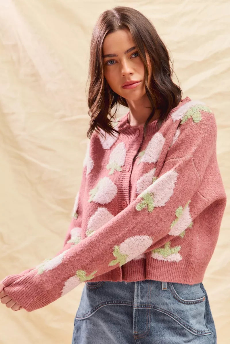 Strawberry Fruit All Over Button Sweater Cardigan, Pink