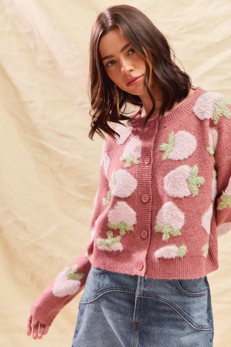 Strawberry Fruit All Over Button Sweater Cardigan, Pink