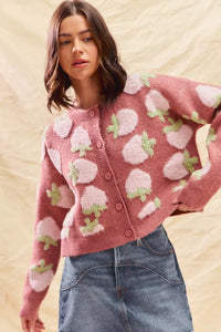 Strawberry Fruit All Over Button Sweater Cardigan, Pink
