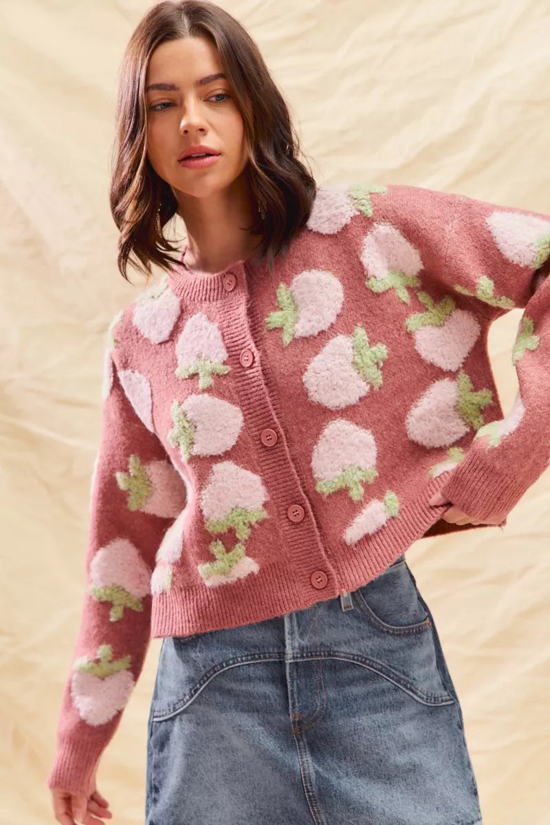Strawberry Fruit All Over Button Sweater Cardigan, Pink