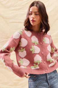 Strawberry Fruit All Over Button Sweater Cardigan, Pink