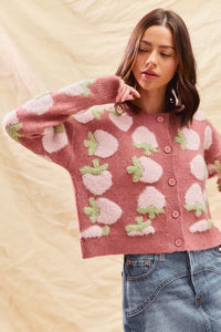 Strawberry Fruit All Over Button Sweater Cardigan, Pink