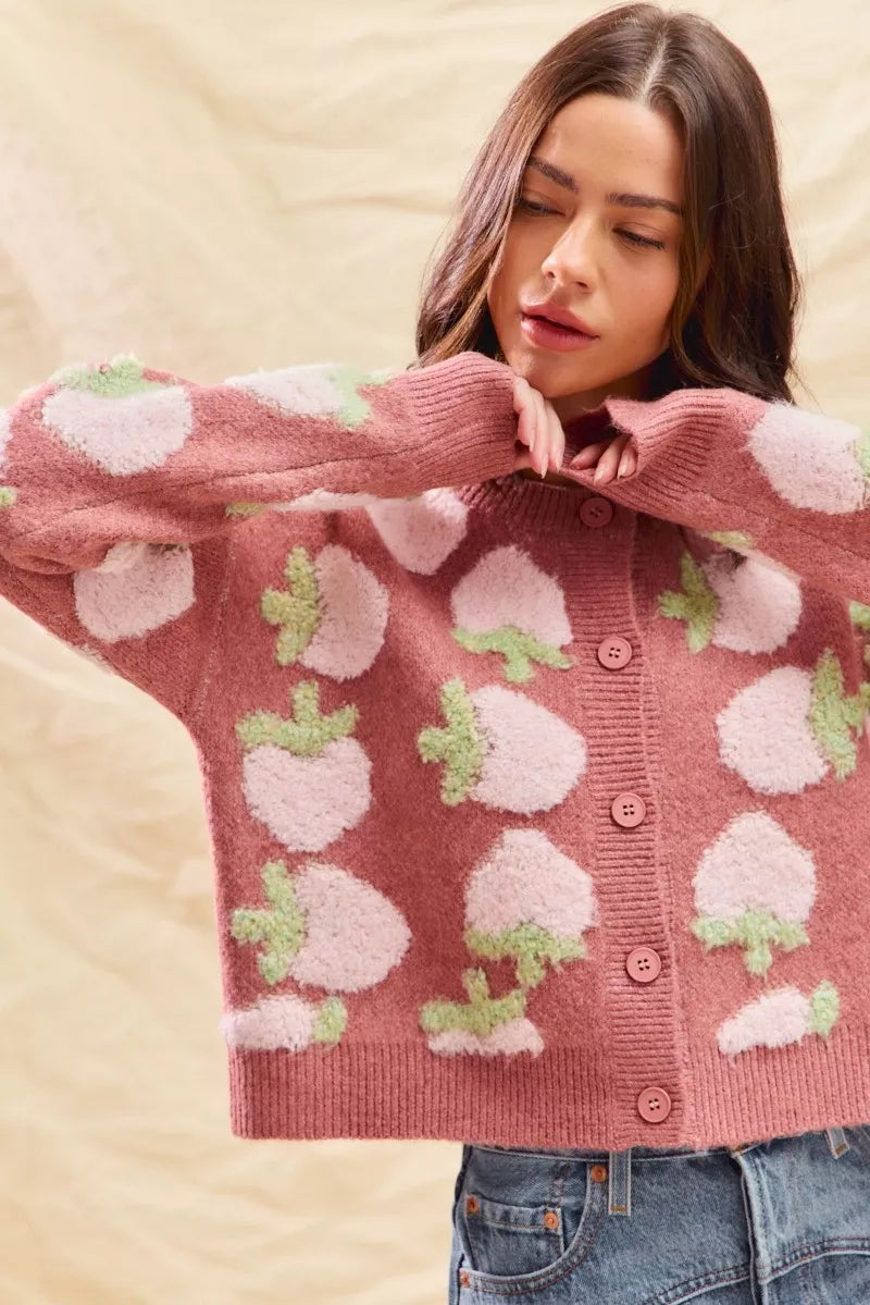 Strawberry Fruit All Over Button Sweater Cardigan, Pink