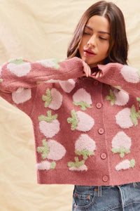 Strawberry Fruit All Over Button Sweater Cardigan, Pink