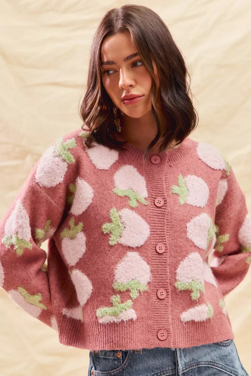 Strawberry Fruit All Over Button Sweater Cardigan, Pink