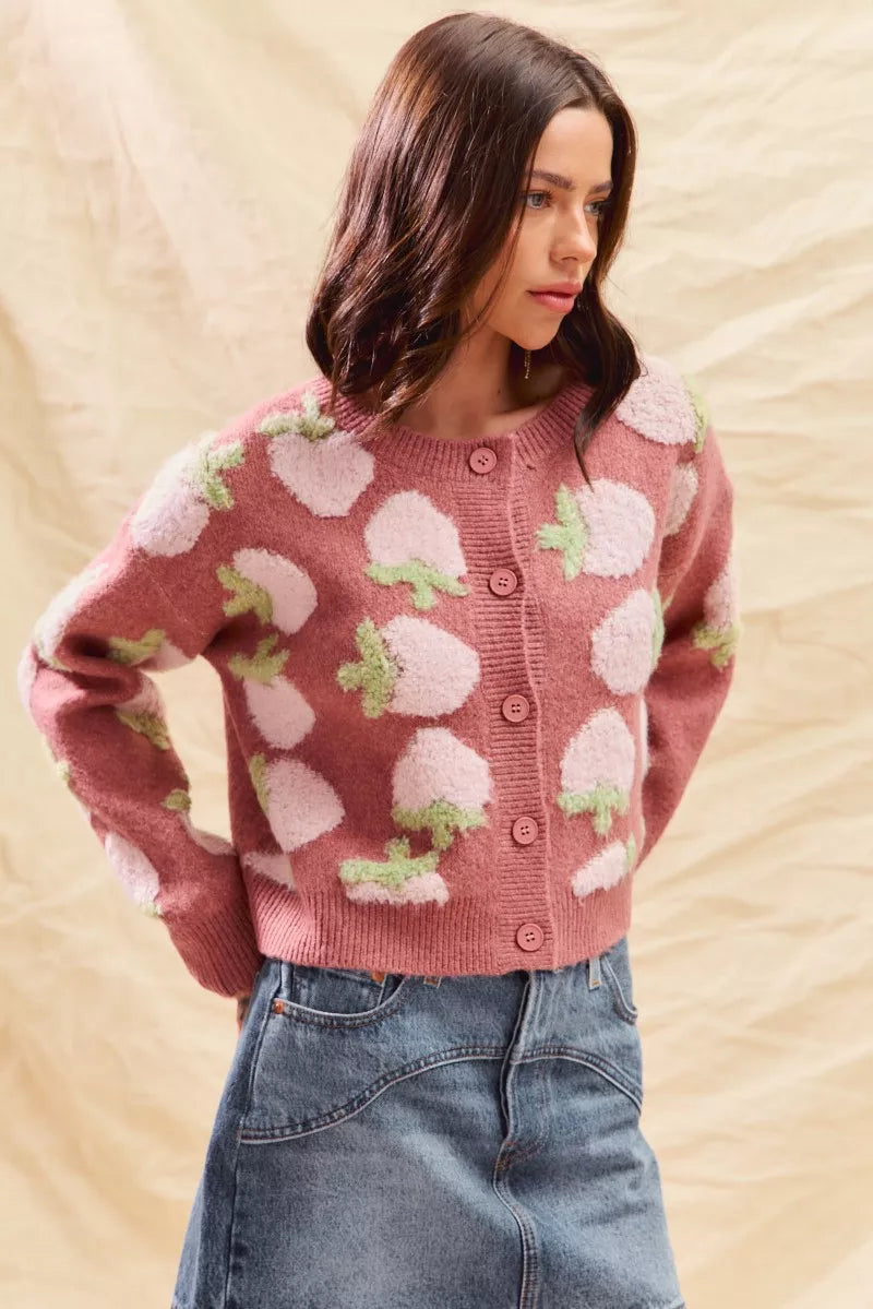 Strawberry Fruit All Over Button Sweater Cardigan, Pink