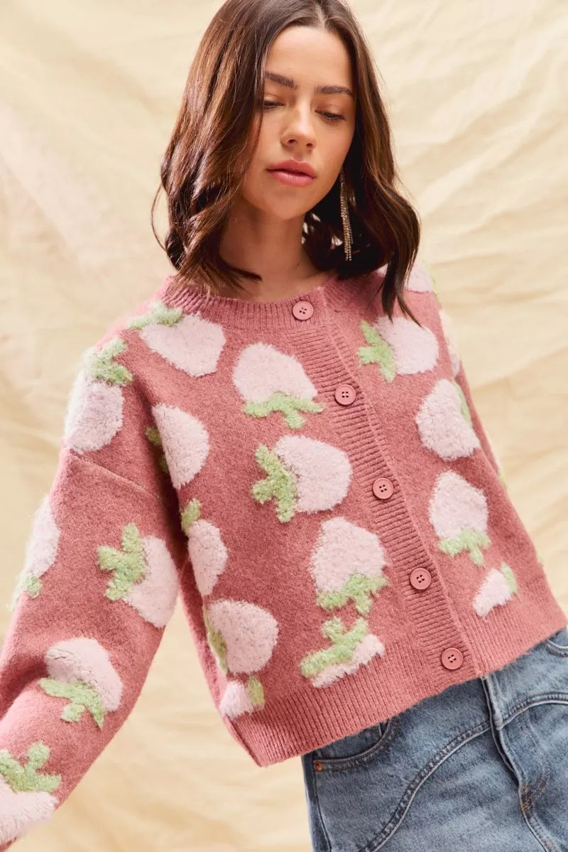 Strawberry Fruit All Over Button Sweater Cardigan, Pink