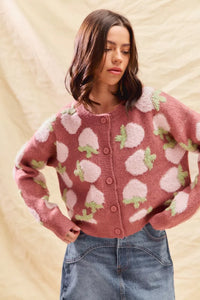 Strawberry Fruit All Over Button Sweater Cardigan, Pink