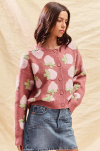 Strawberry Fruit All Over Button Sweater Cardigan, Pink