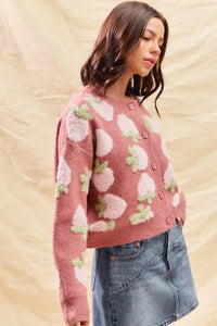 Strawberry Fruit All Over Button Sweater Cardigan, Pink