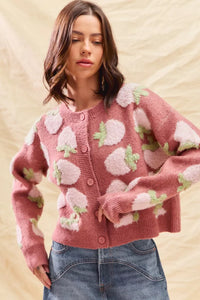 Strawberry Fruit All Over Button Sweater Cardigan, Pink