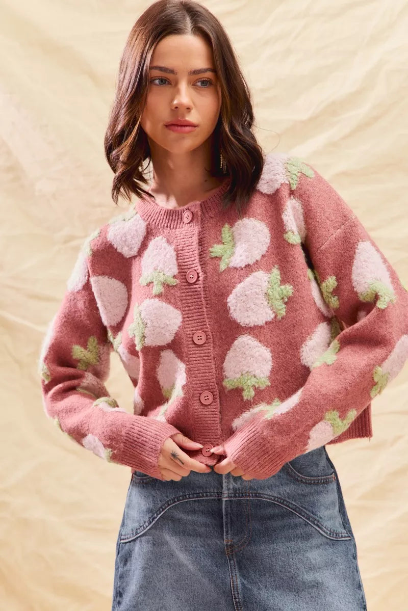 Strawberry Fruit All Over Button Sweater Cardigan, Pink
