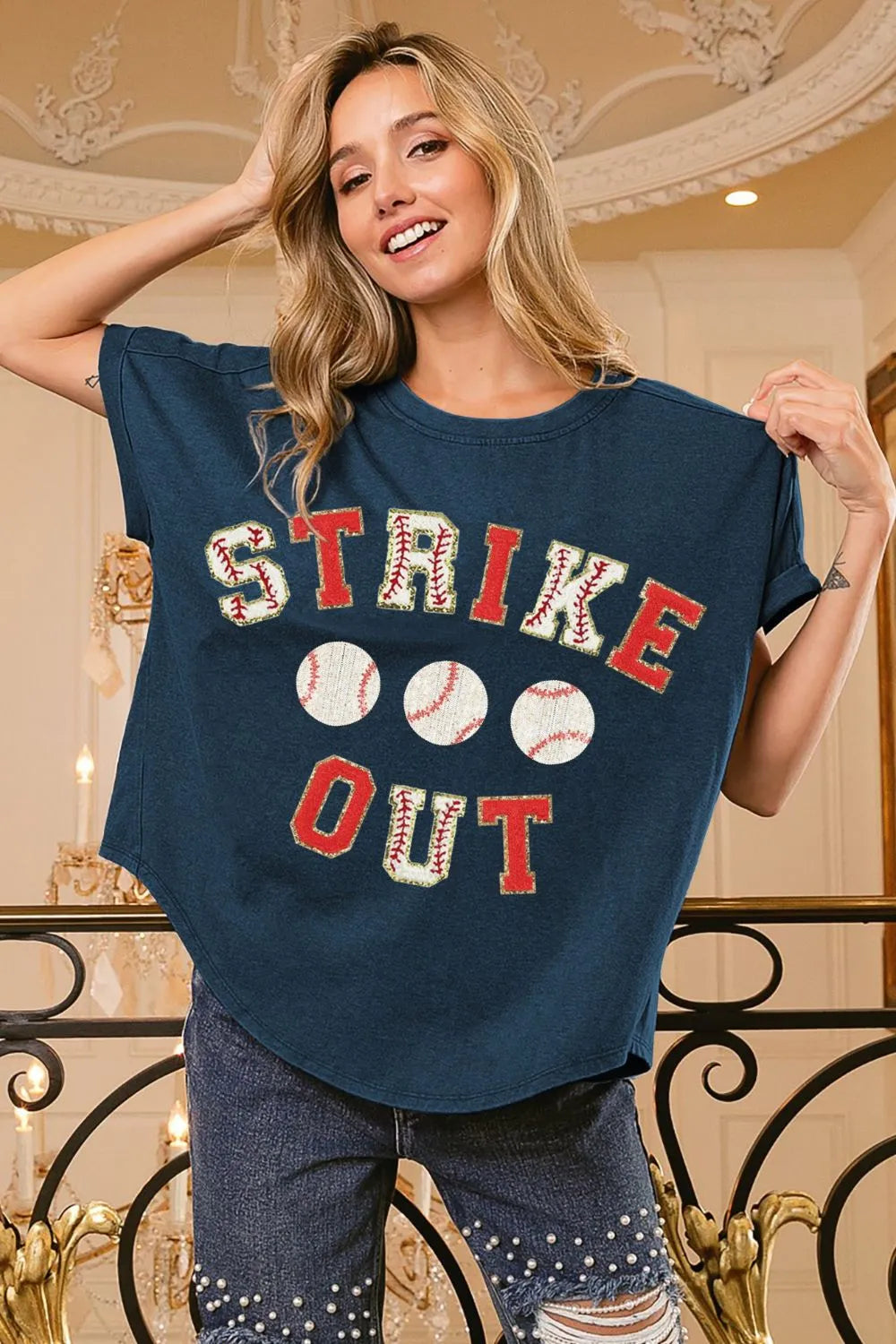 Strikeout Letter Patches Washed Short Sleeve Top-Reef Love