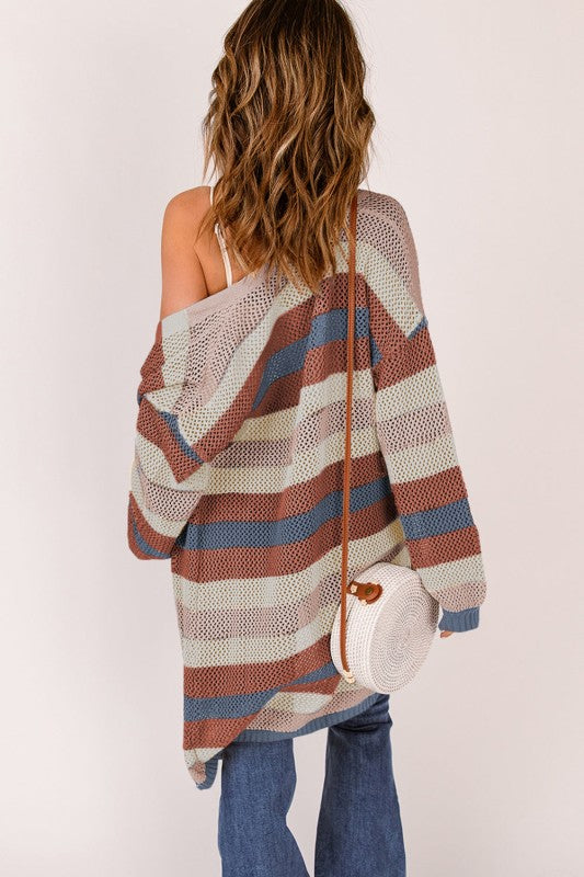 Stripe Color-block Hollow-Out Crochet Cardigan- Boho Chic Styles by Reef Love