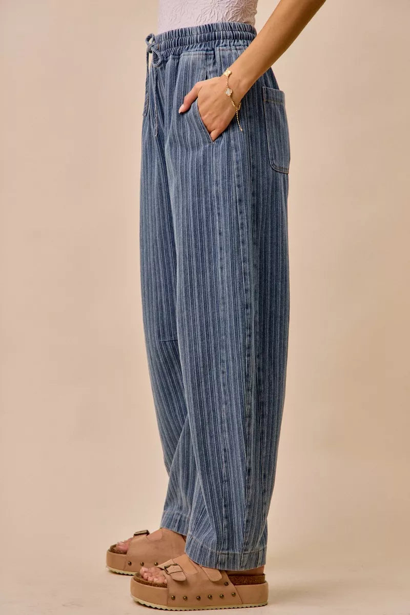 Stripe Denim Barrel Jeans with Drawstring Waistband-Reef Love