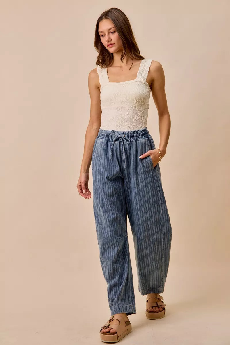 Stripe Denim Barrel Jeans with Drawstring Waistband-Reef Love