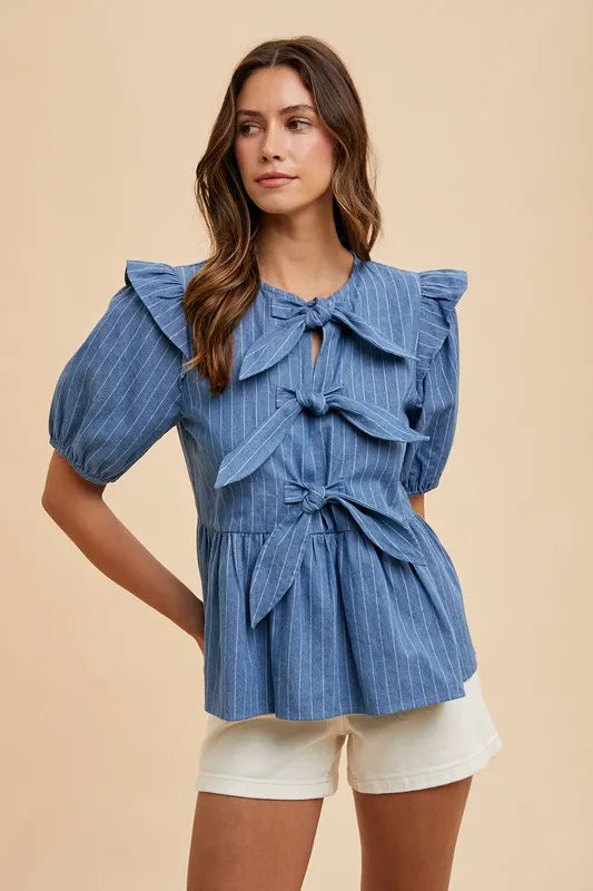 Stripe Front Bow Denim Peplum Blouse