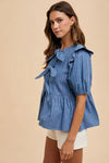 Stripe Front Bow Denim Peplum Blouse