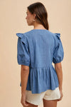 Stripe Front Bow Denim Peplum Blouse