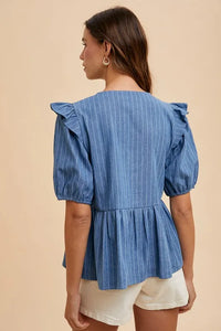 Stripe Front Bow Denim Peplum Blouse