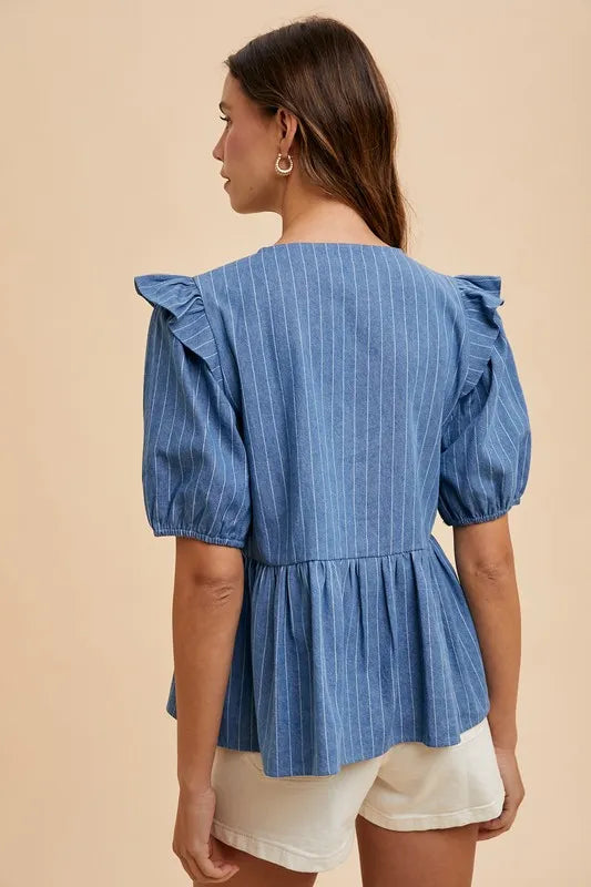 Stripe Front Bow Denim Peplum Blouse