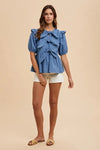 Stripe Front Bow Denim Peplum Blouse