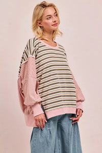 Stripe Mixed Top With Cut Edge And Reverse Outseam