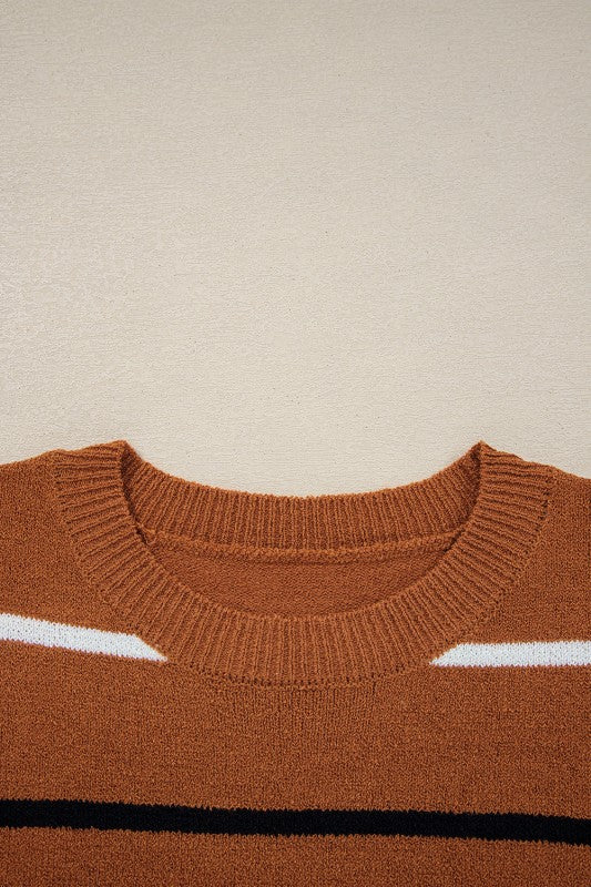 Stripe Ribbed Trim Drop Shoulder Sweater