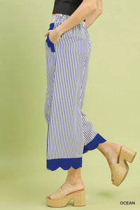 Stripe Scallop Hem Wide Leg Pants, Ocean Blue-Reef Love