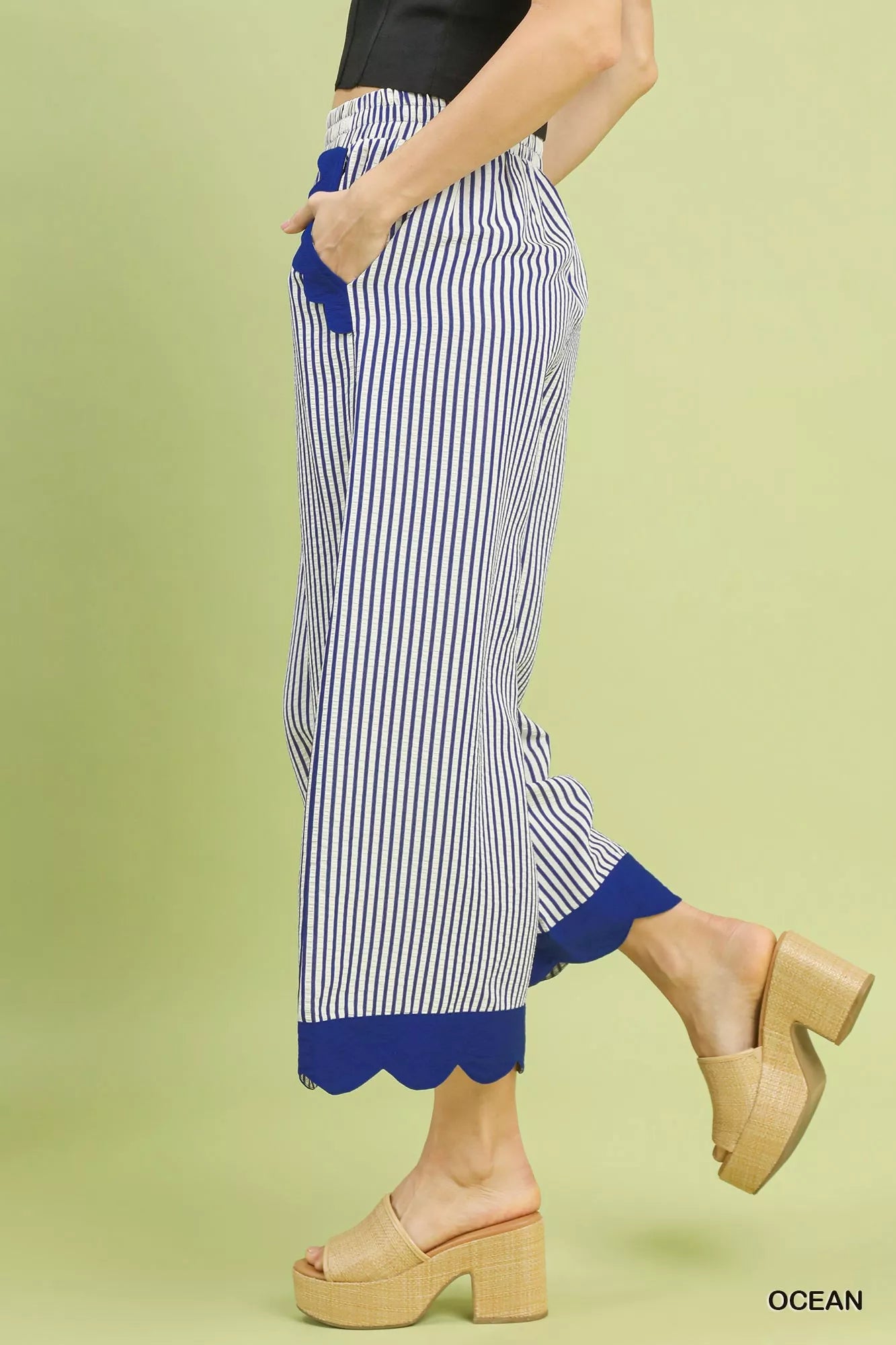 Stripe Scallop Hem Wide Leg Pants, Ocean Blue-Reef Love