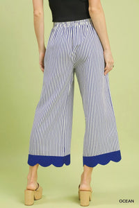 Stripe Scallop Hem Wide Leg Pants, Ocean Blue-Reef Love