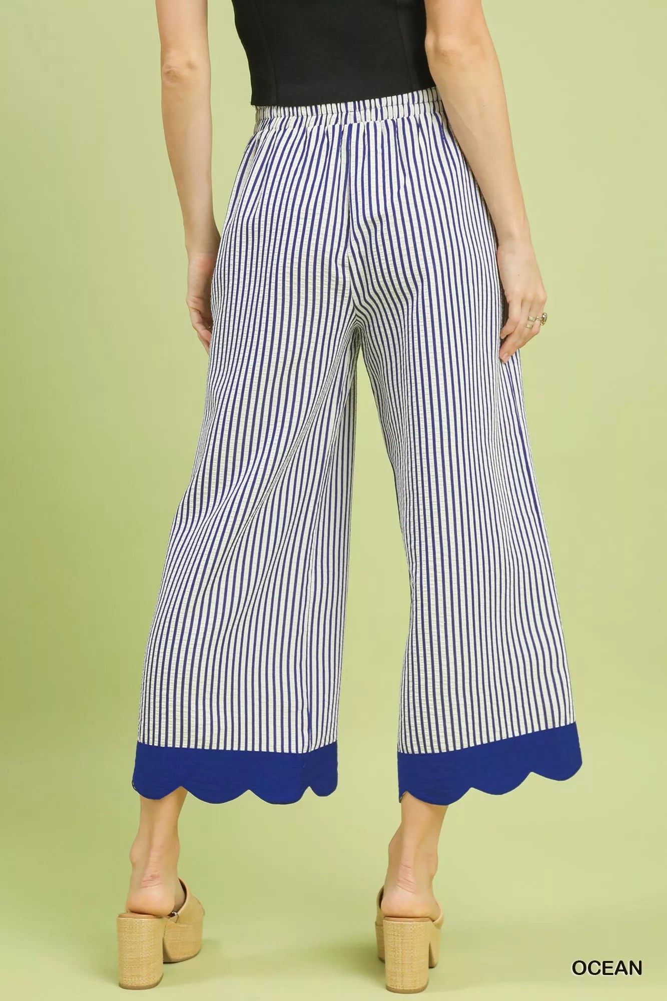 Stripe Scallop Hem Wide Leg Pants, Ocean Blue-Reef Love
