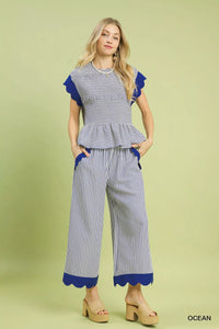 Stripe Scallop Hem Wide Leg Pants, Ocean Blue-Reef Love
