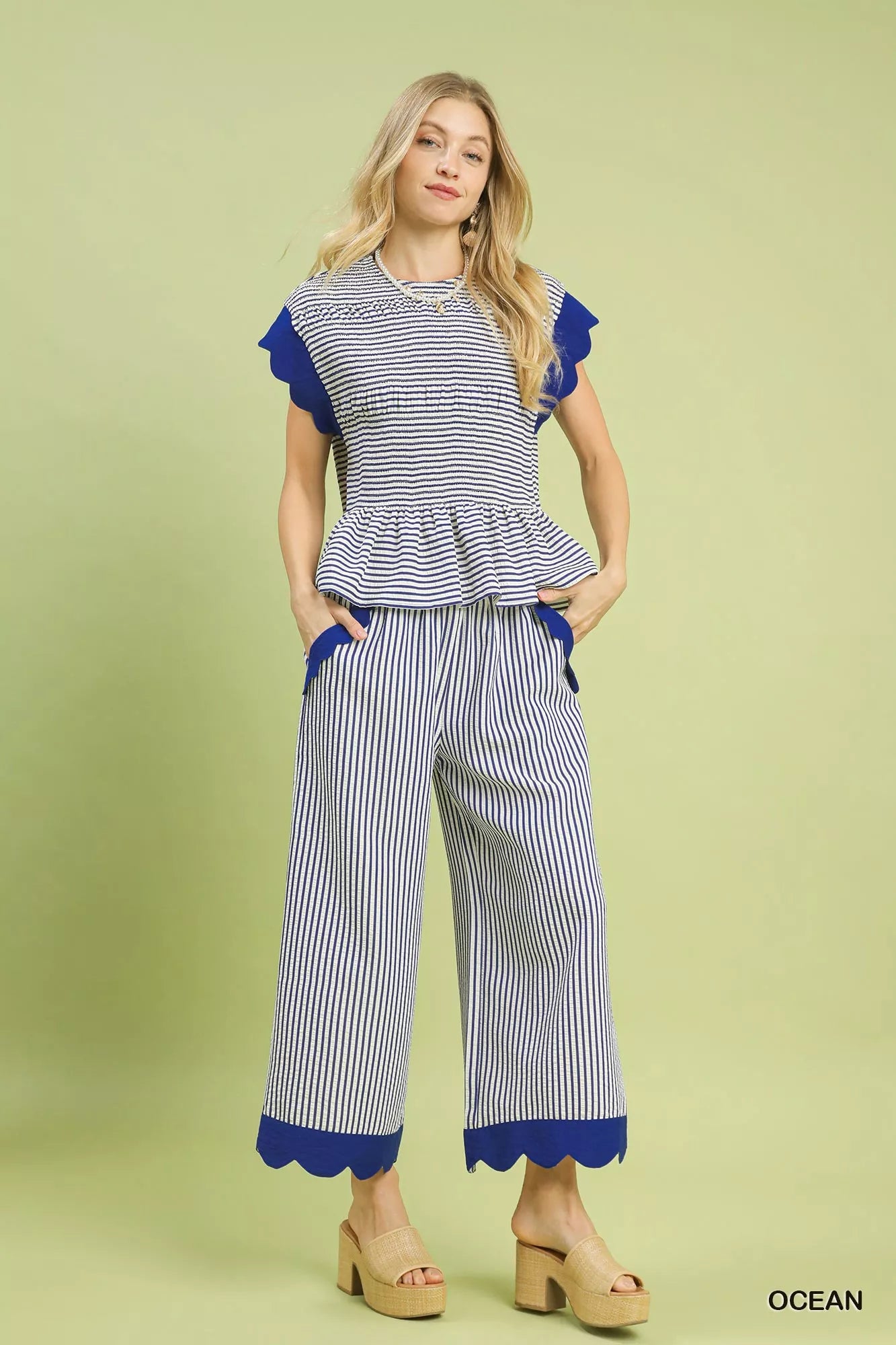 Stripe Scallop Hem Wide Leg Pants, Ocean Blue-Reef Love